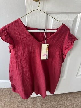 Ruffled Sleeve V-Neck Blouse - Raspberry